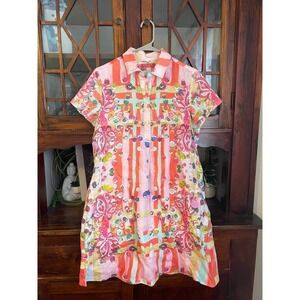 AMANDA JOHNSON STUDIO Size XL Shirt Dress 100% Linen Colorful Geometric Print